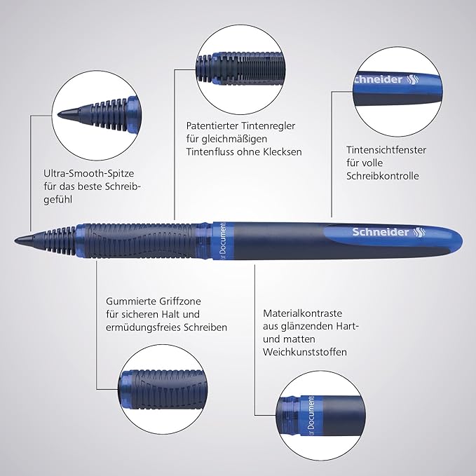 Schneider One Business Rollerball Pen, 0.6 mm Ultra-Smooth Tip, Blue Barrel, Four-Pack, One Each of: Black, Red, Blue, Green (183094)