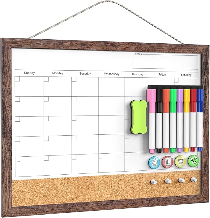 Dry Erase Calendar Cork Board Combo, 17"x13" Calendar Whiteboard for Wall, Magnetic White Board Monthly Calendar with Wood Framed, Dry Erase Board for Home Office Kitchen Planner Memo