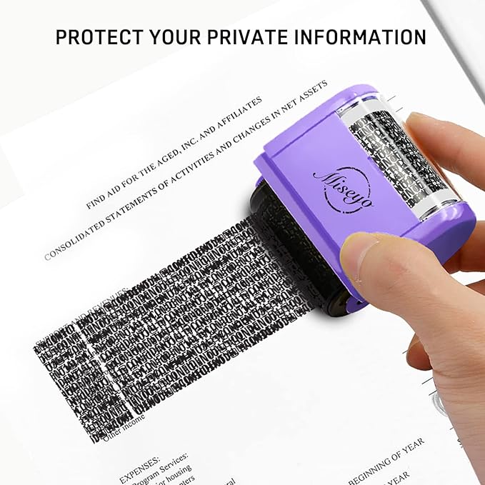 Miseyo Wide Identity Theft Protection Roller Stamp Set - Purple (3 Refill Ink Included)