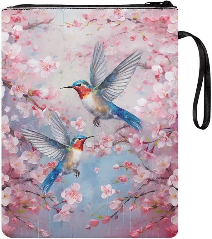 COEQINE Aesthetic Hummingbirds Book Sleeve Pink Cherry Blossom Birds Book Covers for Book Lovers Portable Chain for Library Front Pocket