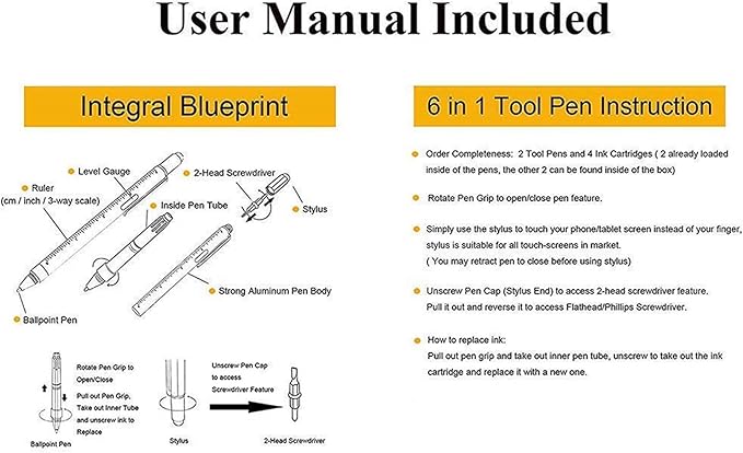 HeTaoCat Gifts Multi Tech Tool Pen 6 in 1 Stylus Pen - Screwdriver Pen with Ruler, Levelgauge, Ballpoint Pen Black Ink (Silver)