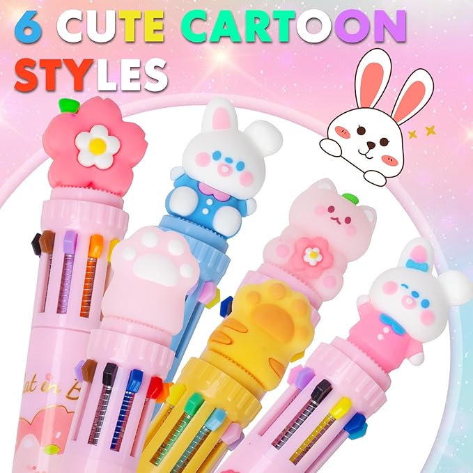Multicolor Ballpoint Pen 0.7 mm, 10-in-1 Colored Pens Fine Point Retractable Cute Cartoon Ballpoint Pens for Office School Supplies Students Kids Gifts, 6 Pack