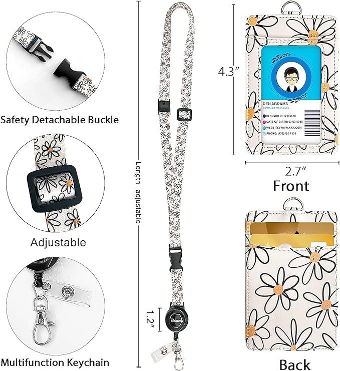 bolimoss Floral ID Name Badge Card Holder, Leather Badge Holder with Adjustable Retractable Lanyards, Breakaway Lanyards with Swivel Metal Clasp for Women Nurse Teacher Student