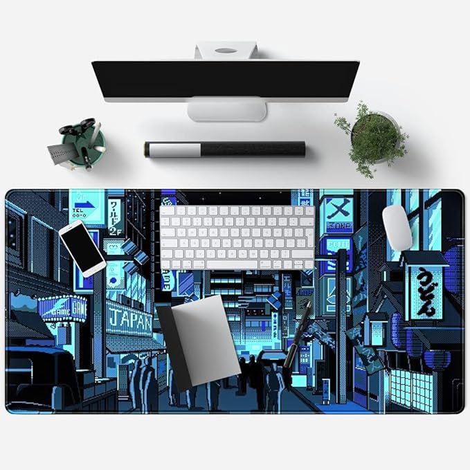 Japanese Gaming Arcade Blue Large Gaming Mouse Pad Keyboard Desk Pad Extended Mouse Pad Gaming Office Decor, Pc Laptop Mouse Pads Large (31.5x15.7 in) with Stitched Eges Non-Slip Base Mousepad XXL