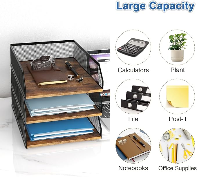 Natwind 3-Tier Stackable Paper Tray, Metal Mesh Desktop Organizer, Wood Board Paper Sorter, Letter Trays,File Document Storage Rack for for Home, Office, School (Retro)
