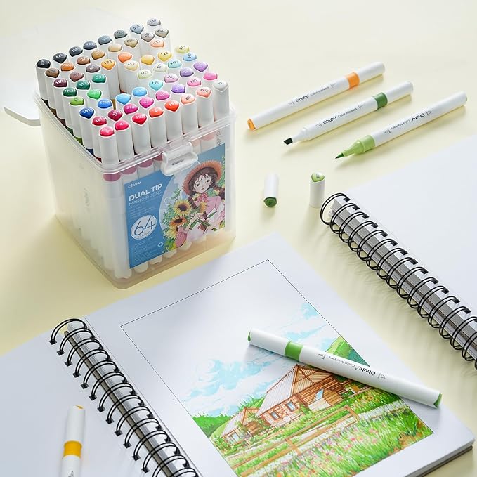 Ohuhu Markers for Adult Coloring Books No bleeding 64 Colors Water-based Coloring Markers Dual Tips Chisel & Brush Drawing Pens Art Markers for Kids Adults Beginners Lettering Journaling