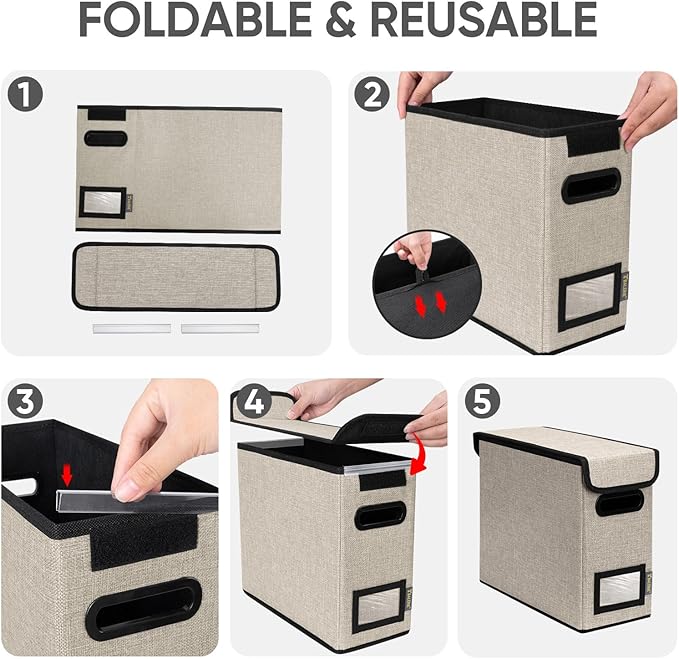 BALEINE File Organizer Box with Lid, Collapsible File Folder Organizer with Plastic Slide, Hanging File Folder Box for Office Document Storage (2 Pack, Beige, S)