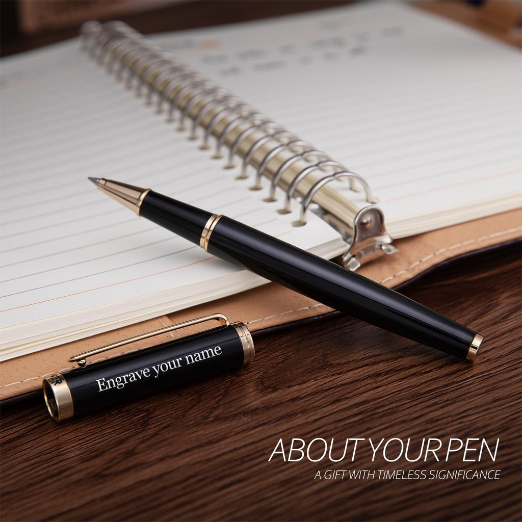 BEILUNER Black Personalized Pen,Stunning Luxury Lacquer With 24K Gold,Schneider Ink Refills,Multiple Fonts To Custom Rollerball,Gift Pen For Men & Women,Executive,Graduation,Christmas,Nice Pens