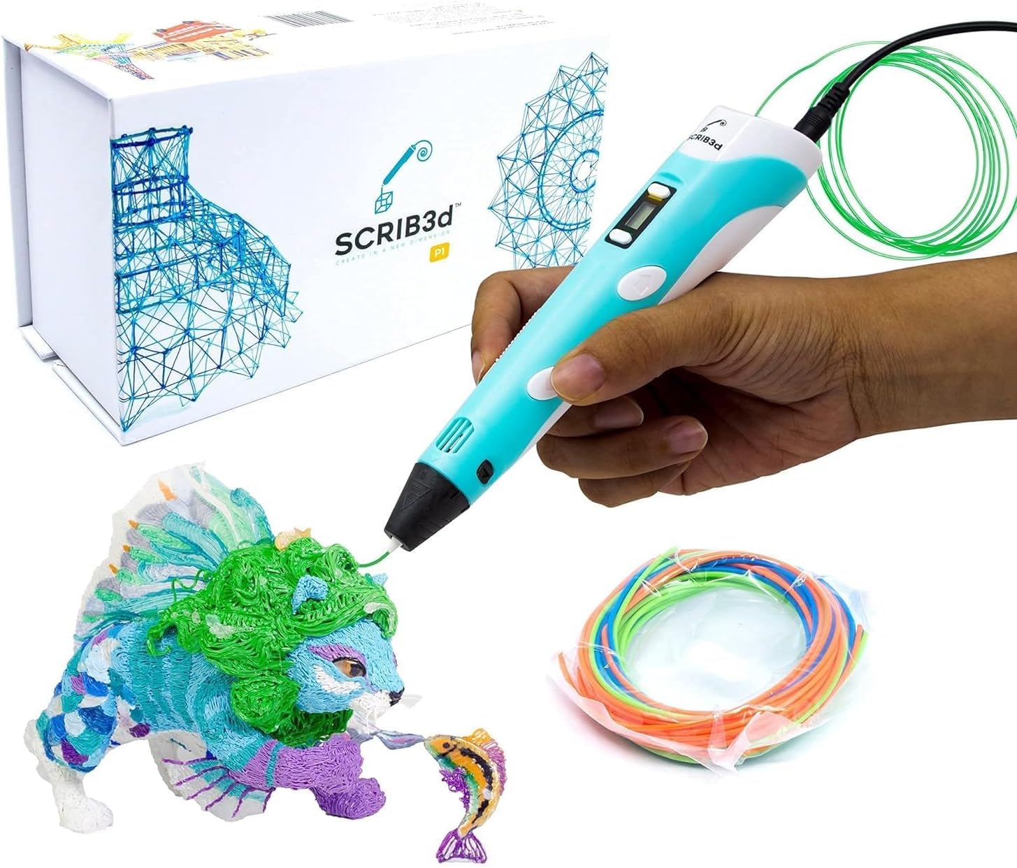 SCRIB3D P1 3D Printing Pen with 3 Starter Colors and PLA Refill Pack with 20 Assorted Colors