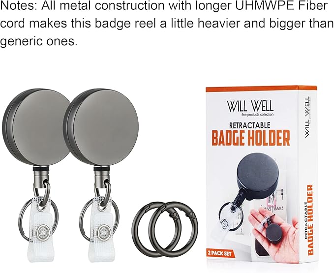 Will Well ID Badge Holder Reel with Clip and Keyring - Heavy-Duty All-Metal Casing with 27.5" UHMWPE Fiber Pull Cord for Durability and Easy Access, Holds up to 8 Keys - 2-Pack, Round, Glossy Silver