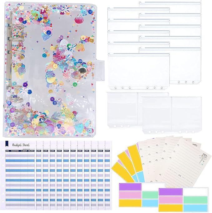 35 Pieces A6 Binder PVC Cover with 10 Clear Binder Pockets, Waterproof 6-Ring Budget Binder Envelopes System Budget Planner Organizer, Budget Sheets & Card Bags & Papers & Label for Cash Envelopes