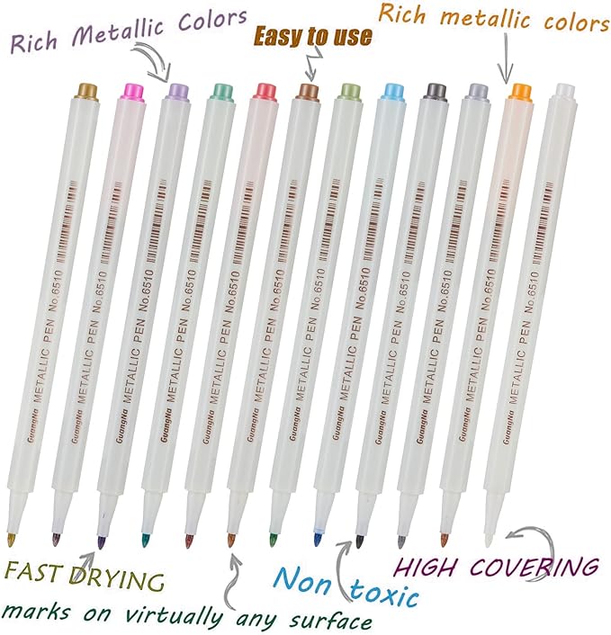 YUANCHENG Metallic Marker Pens, Set of 12 Colors Fine Point Metallic Marker Pens for Black Paper, Rock Painting, Easter Egg, Halloween Pumpkin, Card Making, Ceramics, DIY Photo Album