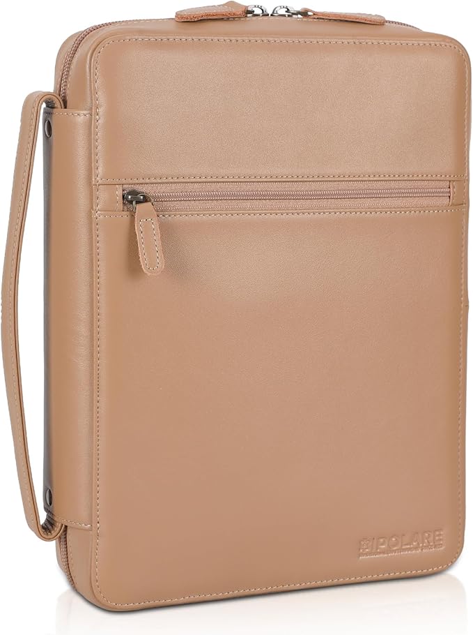 Polare Full Grain Leather Bible Cover Church Bag Bible Protective Book Holder Carrying Case Folder Organizer Portfolio for Men and Women (Almond Brown)