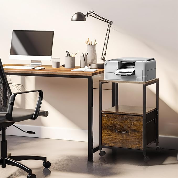 2 Tier Metal Mobile Under Desk Home Printer Stand with Storage Drawer Small File Cabinet for Home Office with Wheels Printer Tables for Small Spaces, Rustic Brown