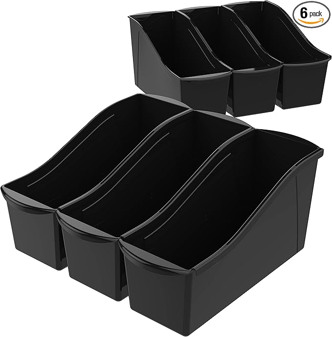 Storex Large Book Bin, Interlocking Plastic Organizer for Home, Office and Classroom, Black, (70109E06C) (Pack of 6)