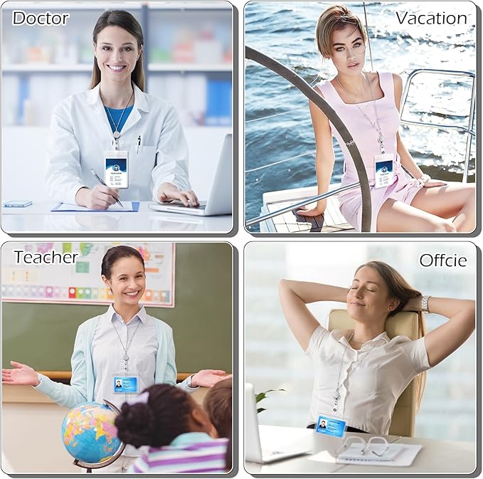 Outus 2 Pieces Badge Lanyard with ID Holders Stainless Steel Badge Holders Necklace Retractable Reel Clip Chain Water Resistant Name(Silver)