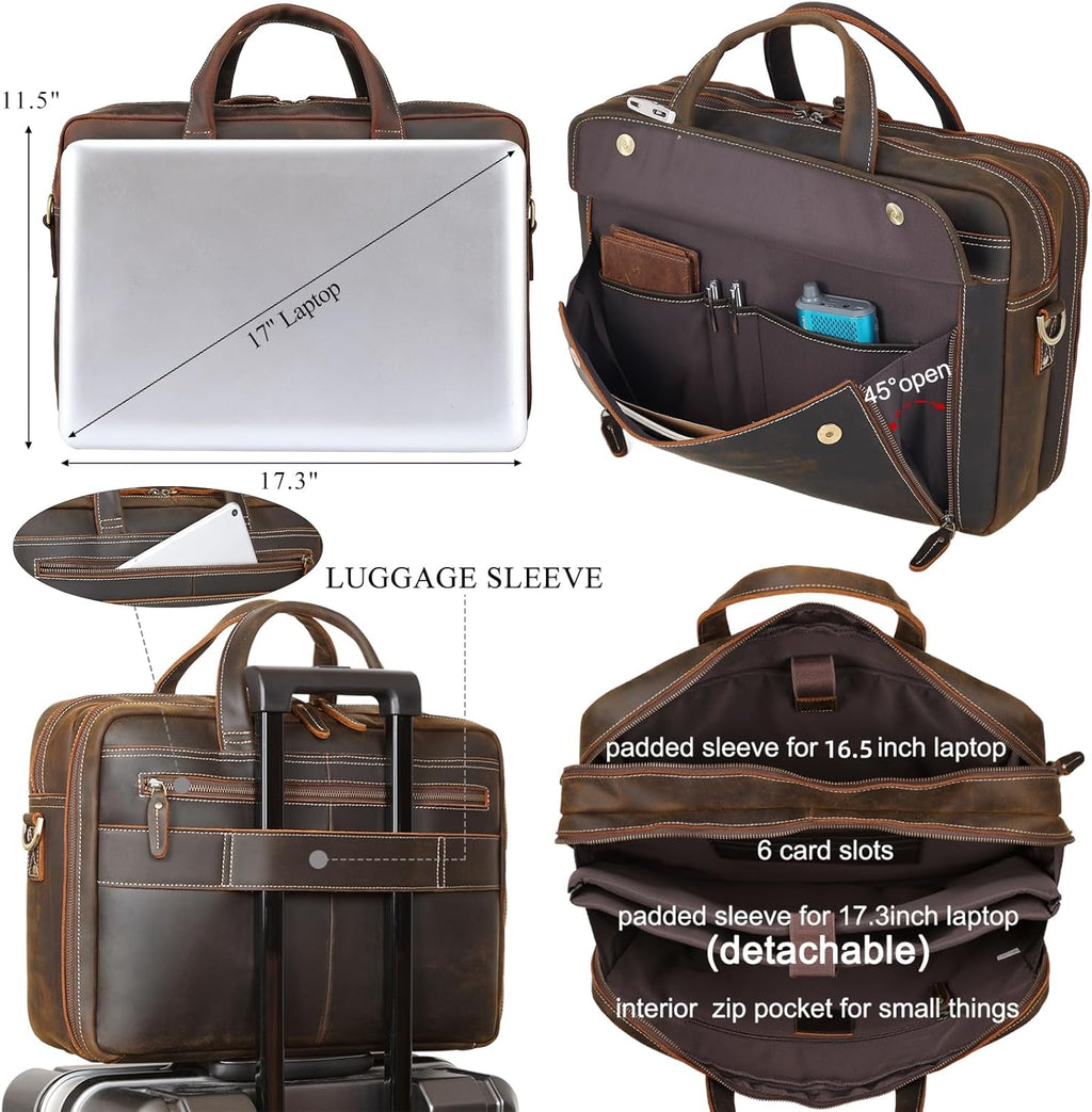 Masa Kawa Leather Briefcase for Men 15.6" - 17" Laptop Computer Case Business Travel Work Messenger Cross Body Shoulder Bag