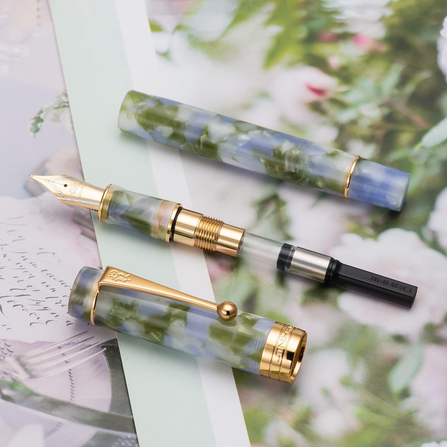 Jinhao 100 Fountain Pen Celluloid Classic Style, #6 Nib Smooth Writing Instrument with Refillable Converter and Pen Case Set