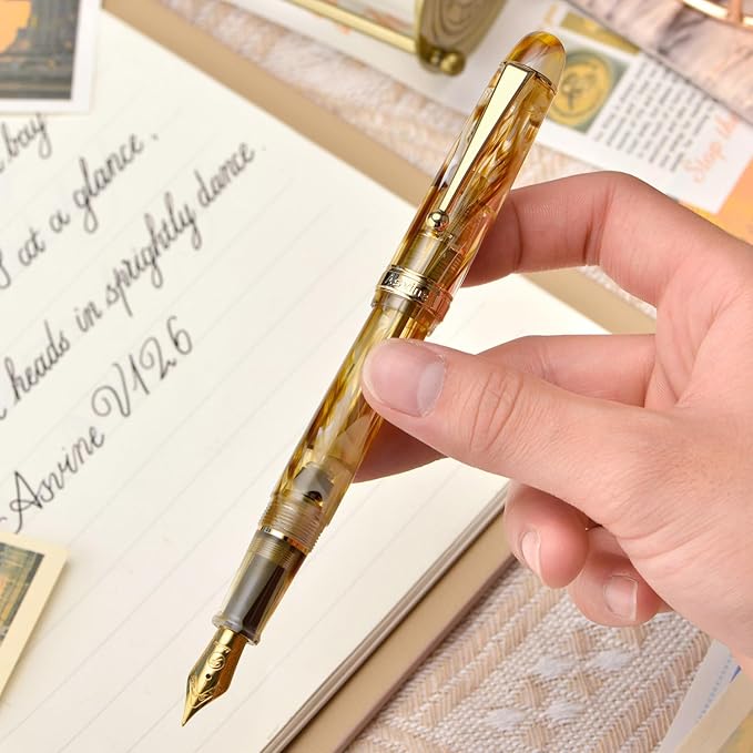 Asvine V126 Vacuum Filling Fountain Pen Fine Point, Brown Swirl Transparent Acrylic Pen Gift Case