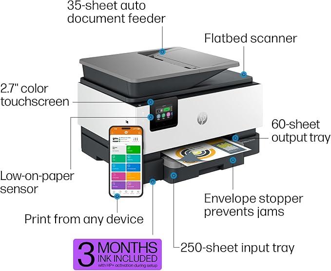 HP OfficeJet Pro 9125e All-in-One Printer, Color, Printer-for-Small Medium Business, Print, Copy, scan, fax,Touchscreen; Smart Advance Scan, 3 months of Instant Ink included
