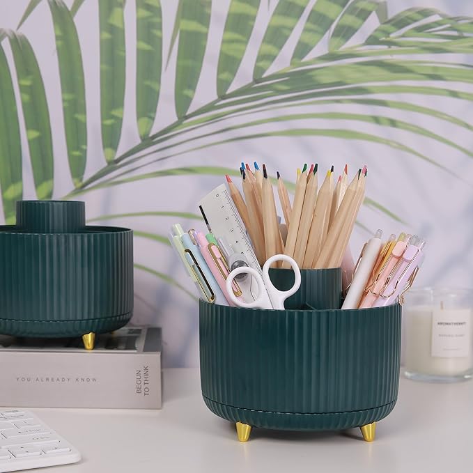 SKYDUE 360 Degree Rotating Desk Organizer, Dual-Purpose Pencil Pen Holder for Desk, Rotating Desk Pen Organizer with 5 Slots, Art Supplies, Pencil Cup for Office, School, Home