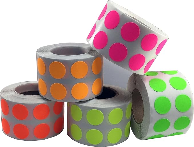 1/2" Color Coding Dot Stickers Fluorescent Collection 1,000 of Each FL Pink FL Yellow FL Green FL Orange FL Red 5,000 Total Labels