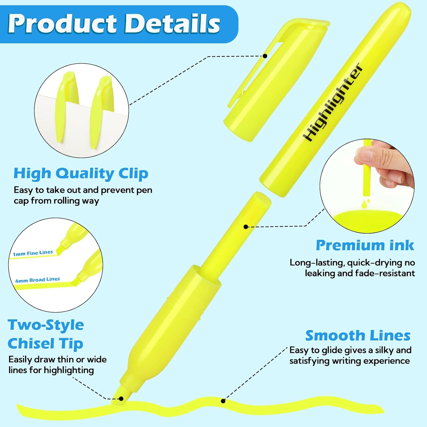 KIZZYEA Highlighters, 60 Pack Yellow Highlighters Bulk, Bright Color Chisel Tip & Dry-Quickly, No Bleed Highlighter Markers for Adult Kids, School Supplies for Teachers, Office Classroom Must Have
