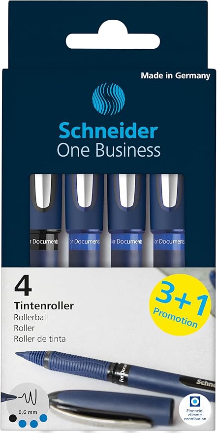 Schneider 183084 One Business Rollerball Pen (Indelible with 0.6 mm Line Width, Made in Germany) Set of 4, 3 x Blue, 1 x Black
