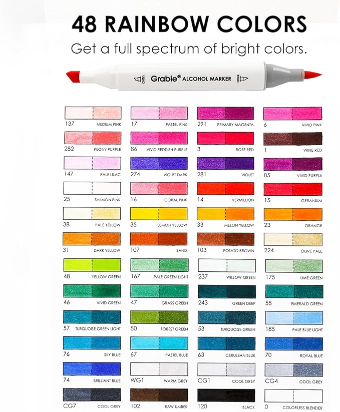 Grabie Alcohol Based Marker with Case and Coloring Book, 48-color Double Tipped Alcohol Markers, Chisel & Brush Alcohol-based Art Marker Set for Adults Coloring Illustration