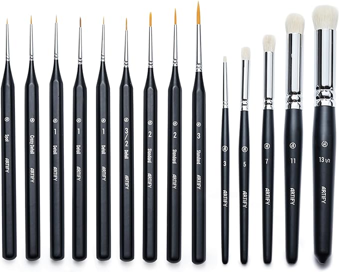 ARTIFY Miniature Drybrush Paint Brush Set: 14-Piece Round Small Detail Model Paintbrushes, Thin Mini Tiny Micro Paint Brushes for Miniature Painting