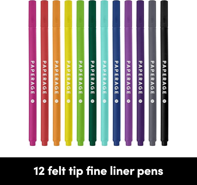 PAPERAGE Felt Tip Fine Point Pens (0.4mm), 12 Pack, Colored Pens For Journaling, Notebooks, Planners, Calendars & Drawing, Great for School, Office, & Home (Rainbow)