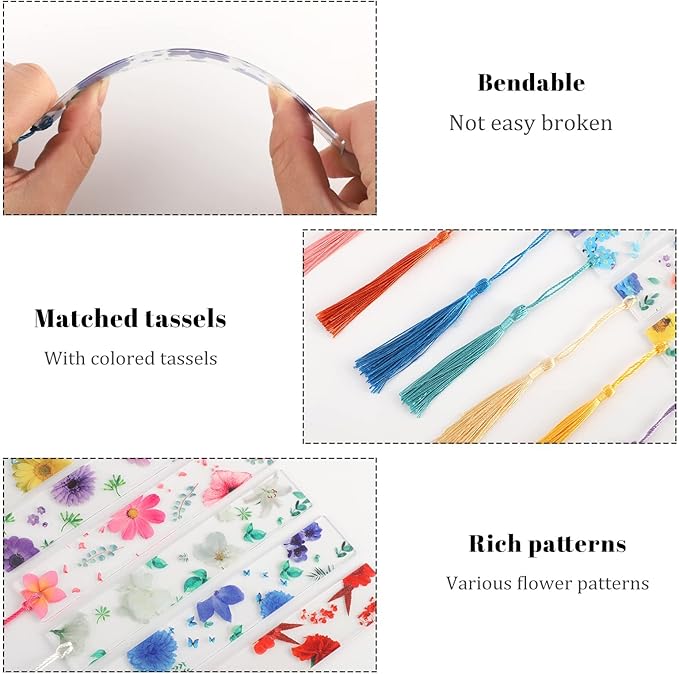 20 Pieces Flower Resin Bookmark Transparent Floral Bookmarks for Women Cute Bookmarks Flower Page Marker with Tassels Graduation Gifts for Women