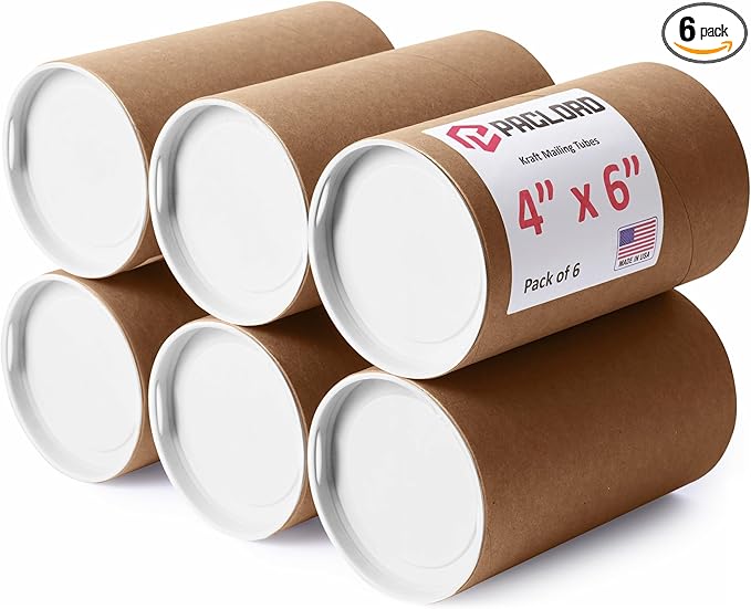 4" x 6" Reinforced Kraft Paper Mailing Tubes, Pack of 6 Tubes with 2 Caps Each – USPS Approved Poster Tube – Made in USA Cardboard Tube for Shipping and Storing Posters, Prints, Artwork, or Documents