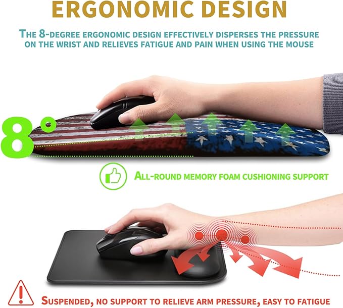 Hokafenle Ergonomic Mouse Pad Wrist Support with Massage Design, Wrist Rest Pain Relief Mousepad with Memory Foam&Non-Slip PU Base, Mouse Pads for Wireless Mouse & Desk (12x8 inch,USA Flag)