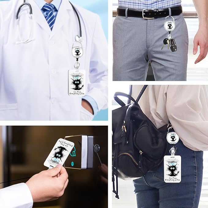 Black Cat Badge Holder with Retractable Reel and Breakaway Lanyard，Badge Clips Retractable Heavy Duty Badge Reel，Keychain，ID Holder with Breakaway Lanyard for School Nurse Office Teen 02