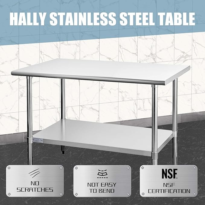 HALLY Stainless Steel Table for Prep & Work 30 x 48 Inches, NSF Commercial Heavy Duty Table with Undershelf and Galvanized Legs for Restaurant, Home and Hotel