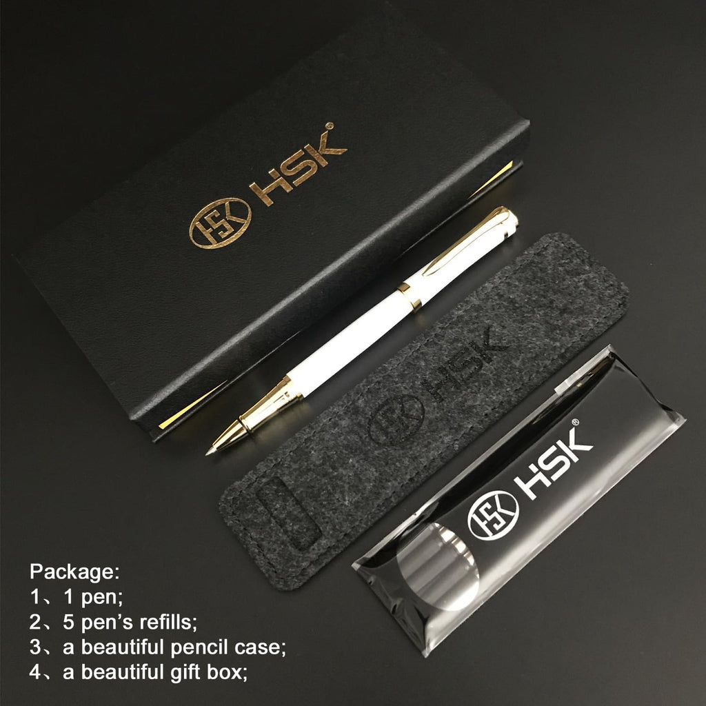 HSK Luxury Ballpoint Pens gift Pen Black Refill Line width 0.5mm,Best Ball Pen Gift Set for Men & Women Professional Executive,Office,Nice Pens Classy Gift Box (White)