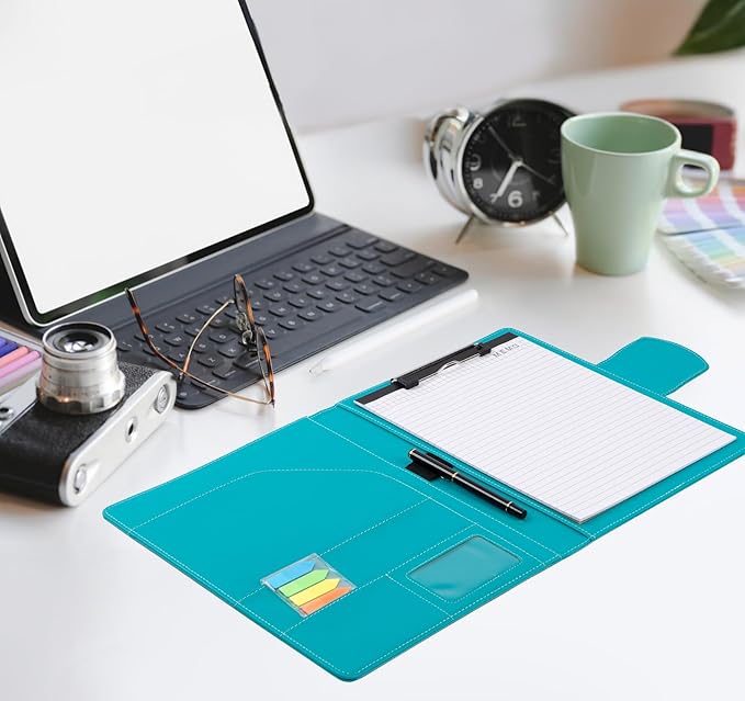 A4 Clipboard Folder Padfolio Clipboard,Faux Leather Interview Resume Folder with Magnetic Cover,Conference Document Organizer with Papers,Sticky Tabs,Pen,Work Folio for Women & Man,Pale Turquoise
