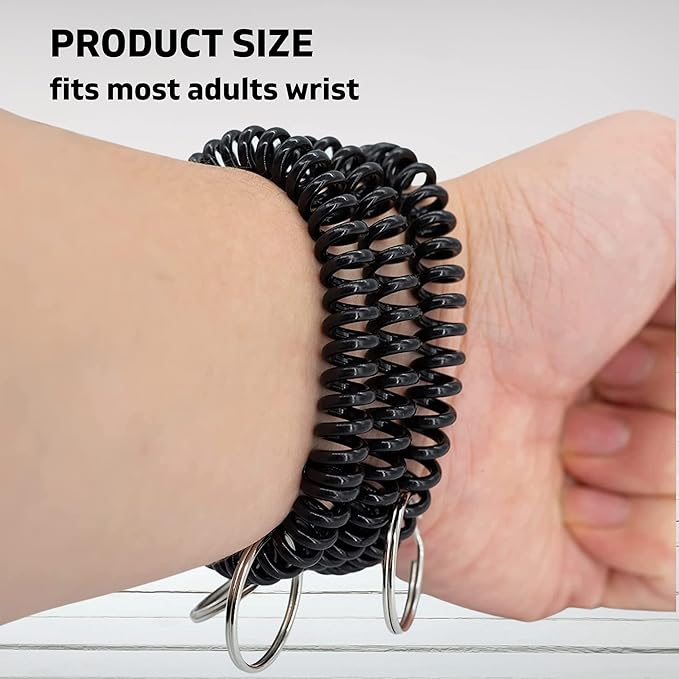 50PCS Keychain Wristlet Wrist Keychain Wristband Elastic Stretchable Spiral Bracelet Key Hook Key Holder for Gym Pool Spring Spiral Coil Black