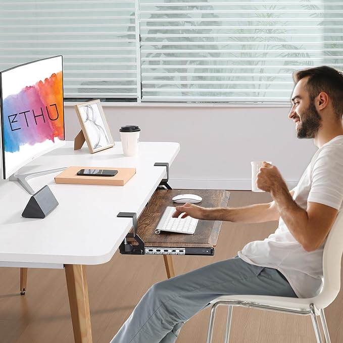 ETHU Keyboard Tray Under Desk, 26.77" X 11.81" Large Size Keyboard Tray with C Clamp-on Mount Easy to Install, Computer Keyboard Stand, Ergonomic Keyboard Tray for Home and Office (Wood)