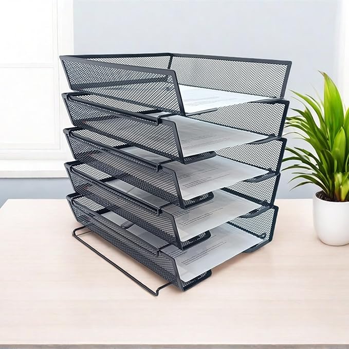 5 Tier Letter Tray Desk File Organizer,Metal Paper Organizer for Office Supplies,Black