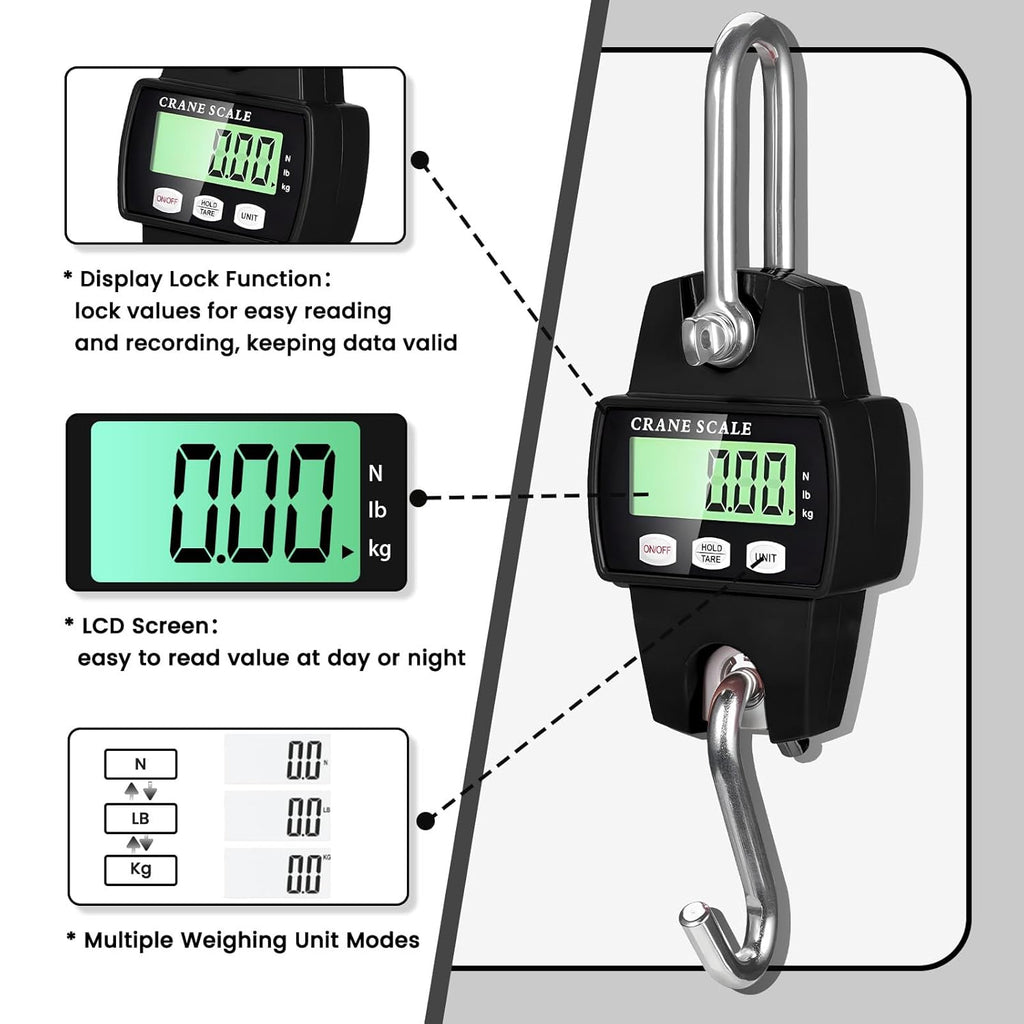 Digital Hanging Scale, 1102lb Crane Scale, 500kg Black Digital Electronic Weighing Scale with LCD Display for Hunting, Outdoor, Bass Fishing, Big Game, Farm