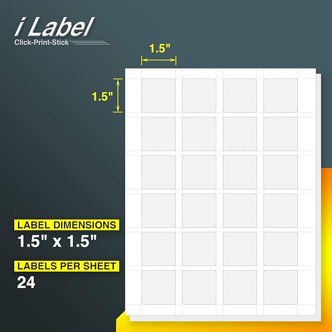 24UP 1.5" x 1.5" Square Labels for Laser & Inkjet Printers[100 Sheets,2400 Labels]