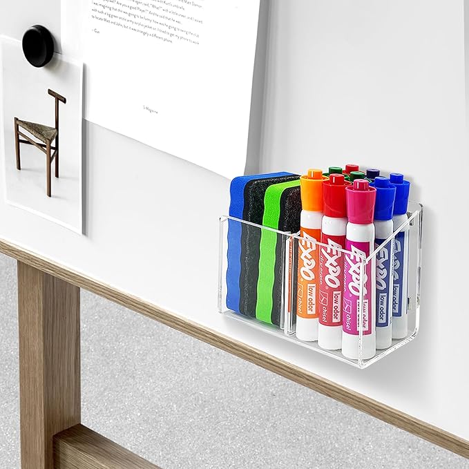 Magnetic Dry Erase Marker Holder, Acrylic Magnetic Pen Holder for Fridge, Magnetic Marker Holder for Whiteboard, 2 Compartments Whiteboard Marker Holder for Office, Home, Locker(Clear)