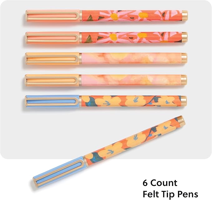 U Brands Catalina Felt Tip Pens, Set of 6, Artist Touch, Gold Details, Medium (0.7 mm) Point, Black Ink