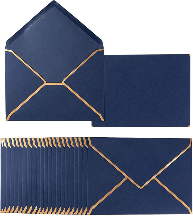 50 Pack A7 Envelopes Navy Blue 5 x 7 Self-Adhesive V Flap Envelopes with Gold Border for Office, Greeting Card, Wedding, Graduation, Baby Shower, Parties, Invitations (Navy Blue, 5x7)