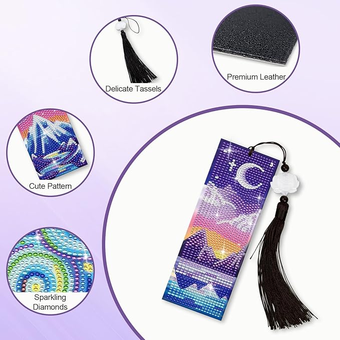 Anseal 3 Pcs 5D Diamond Bookmarks Painting for Adults, Starry Night PU Leather Diamond Art Kits for Adults, Tassel Beaded Book Mark for Graduation Birthday Reading Present