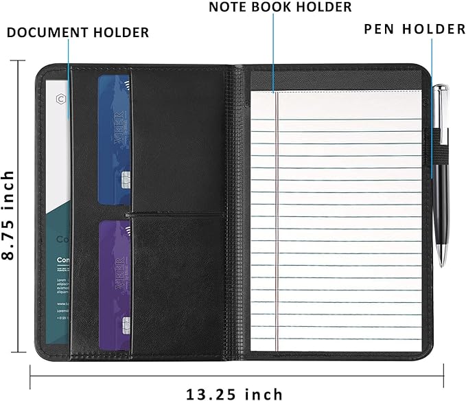 Lcjtop Padfolio Binder A5 Document Organizer with Refillable Lined Notepad, Junior Size Folder Portfolio for Men Women,Black