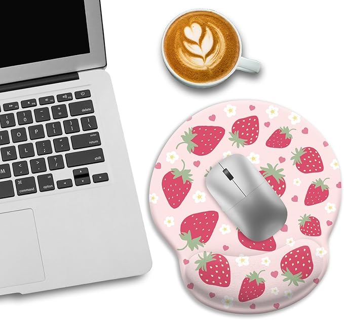 Strawberry Mouse Pad, Pink Ergonomic Mouse Pad with Wrist Rest, Gaming Mousepad with Non-Slip Pain Relief PU Base, Cute Wrist Support Mouse Pad, Pink Office Desk Accessories Decor Supplies