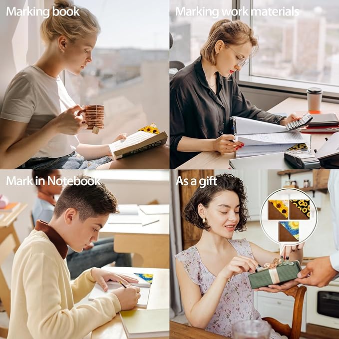 3 Pieces Leather Bookmarks, Personalized & Cute Book Accessories for Reading Lovers, Page Markers for Women Men Girls Boys Student Teacher Kids Retirement Birthday Gifts (Sunflower, Starry Sky)